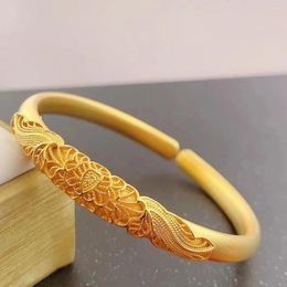 Bangle Classic Sandblasted Women's Bangles Retro Carved Dragon Phoenix Bracelet Versatile Adjustable Gold-Plated