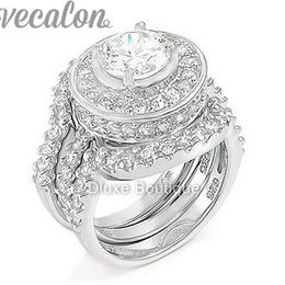 Vecalon fashion ring Simulated diamond Cz 3-in-1 Engagement Band Wedding Ring Set for Women 10KT White Gold Filled finger ring282P