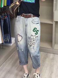 Women's Jeans 2023 Summer Korean Fashion Women Loose Hole All-matched Casual Vintage Embroidery Cotton Denim Harem Pants