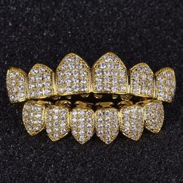 Luxury Design Diamond Teeth Grillz Gold Vampire Fangs CZ Grillz for Men Women Top Bottom Grillz with Moulding Bar296f