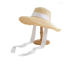 Wide Brim Hats Hand-Woven Straw Hat Female Wide-Brimmed Sun Ladies Beach Fashion Lace Streamer Sunsn (White)