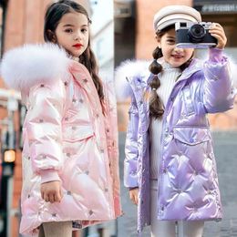 Jackets 2024 Winter Keep Warm Girls Jacket 4-12 Years Old Fashion Letter Glossy Anti-Stain Hooded Thick Coat For Kids