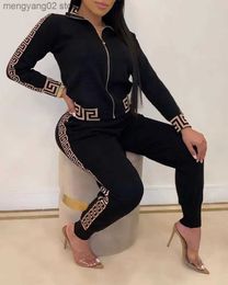 Womens Two Piece Pants Sportswear Tracksuits Fashion -pieces Suit Sets Female Stylish Plus Size Greek Fret Print Coat Pant Zip T231027