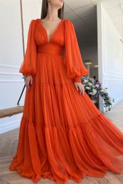 Long Puffy Sleeve Prom Dresses Tulle V Neck Princess Tiered Lace-up A-Line Plus Size Formal Occasion Evening Party Gown