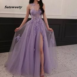 Lilac One Shoulder Celebrity Prom Dresses Split Long 2024 Flower Graduation School 3D Flower Tulle Evening Party Gown