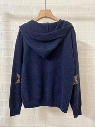 Women's Knits Women Cashmere Zipper Sweater Elbows Star Hooded Long Sleeve Drawstring Loose Female Knit Cardigan 2023 Fall