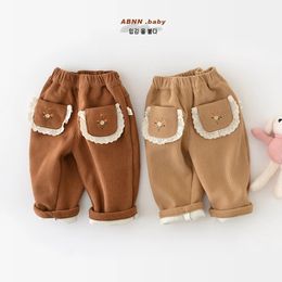 Trousers Baby Plush Pants Winter Corduroy Flower Embroidery Thickened Warm Toddler Girls Pants Pocket Plus Velvet Infant Winter Pants 231026