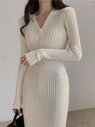 Casual Dresses V Collar Fashion Women's Solid Mid-length Slim Waisted Woollen 2023 Autumn Winter Wrapped Buttocks Bottom Knit Dress