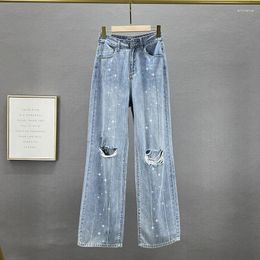 Women's Jeans Ripped Wide-Leg 2023 Spring Summer Loose Rhinestone Denim Trousers Streetwear Girls Blue Washed Jean