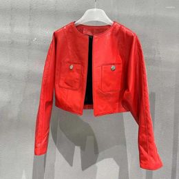 Women's Leather Women Coat Spring Ultra-Short Length Genuine Jacket O-Neck Collar Long Sleeve Big Pockets Auroral Sheepskin Clothes