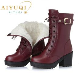 Boots Highheeled genuine leather women winter boots thick wool warm Military highquality female snow K25 231026