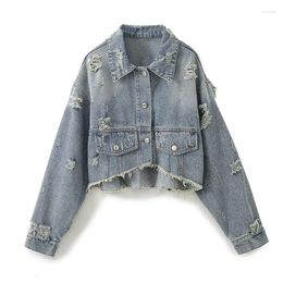 Women's Jackets YENKYE Vintage Women Unfinished Fem Ripped Crop Denim Jacket Long Sleeve Autumn Female Chic Lady Outfits