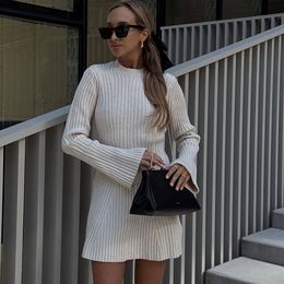 Casual Dresses Female Elegant Solid Ribbed Knitted Dress Fashion O Neck Long Sleeve Mini 2023 Autumn Winter Women Party Club Robes