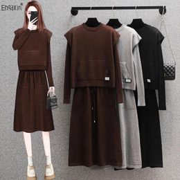 Casual Dresses EHQAXIN 2023 Women's Knitted Dress Set Fashion Personalised Sweater Vest Coat Elegant V-Neck Lace-Up Knit M-4XL