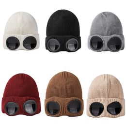 Fashion New Designer Two Lens Glasses Goggles Beanies Men Knitted Hats Skull Caps Outdoor Women Uniesex Winter Beanie Bonnet 7 Colour H-28