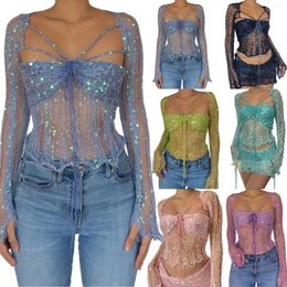 Women's Tanks Ladies Sequins 2 Piece Skirt Sets Backless Lace Up Strapless Top Cardigan Low Cut Summer Knitted Suit Clubwear Clothing