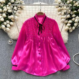 Women's Blouses 2023 Fashion Bead Long Sleeve Shirt Spring Autumn Work OL Elegant Single Btreasted Blouse Tops Mujer L538
