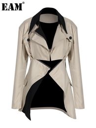 Women's Leather Faux Leather EAM Loose Fit Khaki Two Ways Wear Irregular Jacket Lapel Long Sleeve Women Coat Fashion Spring Autumn 1DE7081 231026