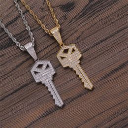 Luxury Diamond Key Necklace Pendant Iced Out Zircon Gold Silver Plated Mens Bling Hip Hop Jewelry3026