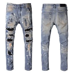 Brand New Mens Ripped Denim Pants Skinny fit Slim stretch Men's Miris Jean Trousers Patchwork Distressed Womens Jeans Black Crystals Knee Holes size 28-40