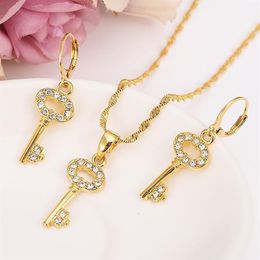 Fashion Necklace Set Party Gift 14k Solid Fine Gold Filled crystal cz a golden key pattern pendant Earrings african Jewellery Sets198I