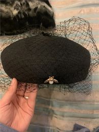 Berets 02-2508314 summer Exclusive design mesh pearl bee black fine paper grass lady beret hat women Leisure painter hat 231027