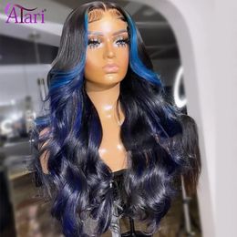 Synthetic Wigs Blue Ombre Human Hair 13x4 13x6 Transparent Lace Frontal Wig Brazilian Body Wave Front Straight 5x5 Closure 231027