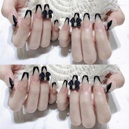 False Nails 24PCS/Box Fashion Black V Shape Nail Patch Big Bow Accessories Fake Wearable Full Cover Art For Girls