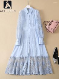 Casual Dresses AELESEEN Runway Fashion Women Sky Blue Dress Autumn Full Sleeve Flower Embroidery Pleated A-line Midi Gauze Party