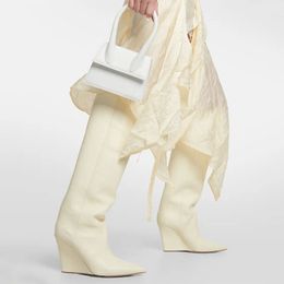 White Wedge Catwalk Knee Boots 2023 Autumn Pointed Toe News Pointed Toe Solid Sexy Fashion Slip-on Shoes