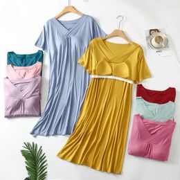 Women's Sleepwear Chest Padded Pajama Nightdress Summer Thin Style Bra Free Modal Loose Fit Large Size Short Sleeved Medium Length Home