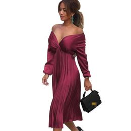 Casual Dresses Elegant Pleated Satin Dress Women 2021 Autumn Winter Off Shoulder Long Sleeve Ladies Green Vestidos Sexy Party253O