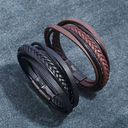 Simple Handmade Weave Multilayer Leather Stainless Steel Charm Bracelets Black Brown Rock Bangles Jewelry For Women Men328P