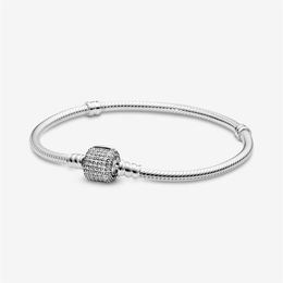 100% 925 Sterling Silver Sparkling Pave Clasp Snake Chain Bracelet Fit Authentic European Dangle Charm Fashion Women Wedding Engag253O