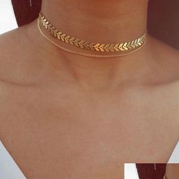 Pendant Necklaces Womans Fish Bone Choker Ladies Chain Lovers Gold Color Trendy Korean Zinc Alloy Simple Double Layer Necklace Jewel Ottni