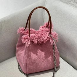 Evening Bags Casual Bucket For Women Handbags And Purses Luxury Designer 2023 In Cotton Tassel Trim Chain Strap Cloth Messenger Bag