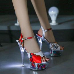 Sandals Walking Show Glow Pole Dancing Shoes Sexy Striptease Party Club Women 15 CM Super High Heel Clear Luminous Crystal