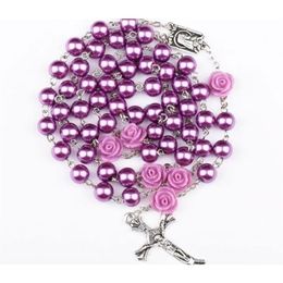 10Pcs Fashion Religious Simulated Pearl Beads Purple Rose Catholic Rosary Necklace Women Long Strand Necklaces Jesus Jewellery Gift 254w