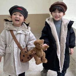 Down Coat Winter Kids Cotton-padded Mid-Length Fur Lining Thicken Boys Parkas Solid Color Warm Hooded Jakets