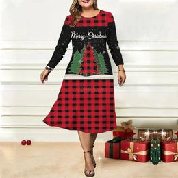 Casual Dresses Women's Long Sleeve Dress Chequered Christmas Print Vintage Elegant Fashion Y2k Plus Size Clothing 2023