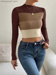 Women's Sweaters On Sale Autumn Winter Women Crop Colorblock Turtleneck Ribbed Long Sleeve Pull Sweater Femme Knitwear Jumper Outfits Pullovers T231027