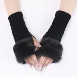 Five Fingers Gloves Women Furry Warm Sleeves Gloves Autumn Winter Lady Faux Rabbit Fur Fingerless Elastic Knitted Hemp Mittens Clothing Accessories 231027