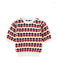 Women's Sweaters For Women 2023 Fashion Vintage Wavy Patterned Knitted Sweater Crew Neck Short Puff Sleeve Crop Top Pullover