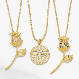 Pendant Necklaces Elegant Copper Crystal Tulip Necklace For Women Gold Dragonfly Fashion Rainbow Flower Couple Lover Jewellery Gifts274G