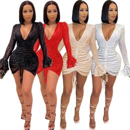 Casual Dresses VOLALO Luxurious Sequin V-neck Black Mini Dress Women Sexy Bodycon Sheer Mesh Patchwork Flare Sleeve Party Night Club