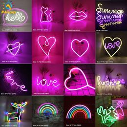 LED Neon Sign SMD2835 Indoor Night Light Love Heart Rainbow Cat Home Lighting Model USB Decorations Table Lamps For Holiday Xmas P2896