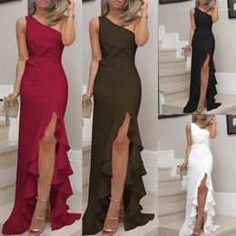 Casual Dresses Split Women Dress Party Classy Elegant 2022 Wedding Ball Slim Sheath Ruffled One Shoulder White Red Clothing Maxi S173E