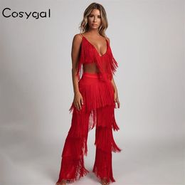 COSYGAL Red Full Tassel Sexy Jumpsuit Rompers Women New Fashion Two Piece Suit 2018 Elegant Party Night Clubwear Summer Jumpsuit293W