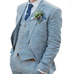 Men's Suits Light Blue Linen Groom Tuxedo For Wedding 3 Piece Custom Men With Notched Lapel Outdoor Man Fashion Jacket Vest Pants
