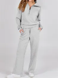 Running Sets Fashion Women 2 Piece Outfits Sweatsuit Set 2023 Fall Oversized Half Zip Sweatshirt Wide Leg Sweatpant Lounge Tracksuit